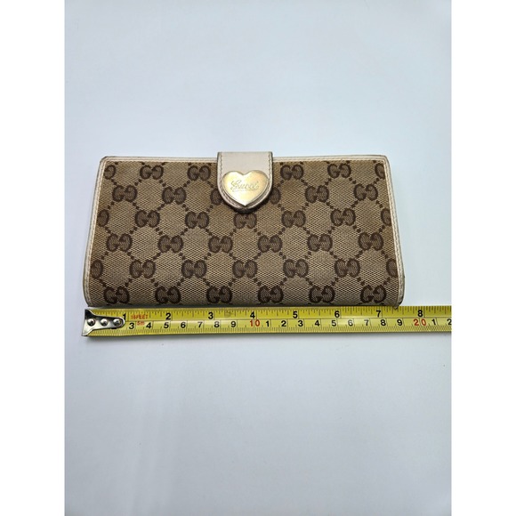 Gucci GG Canvas Heart Clasp Bifold Wallet Beige Brown‎ Designer Women's - Picture 10 of 12